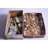 A BOX OF COLLECTABLES, including coins, gold plated sovereign holder, etc, and a box of coins