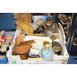 TWO BOXES OF SUNDRIES, to include two jointed Teddy Bears (worn), oil lamp and shade, binoculars,