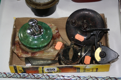 FISHING REELS, to include K P Morritt's Intrepid-de-Luxe, ELO, a table lighter and ashtray etc