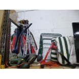 A QUANTITY OF MISCELLANEOUS, including a bicycle racing stand, golf bag with clubs, wall mirror, etc