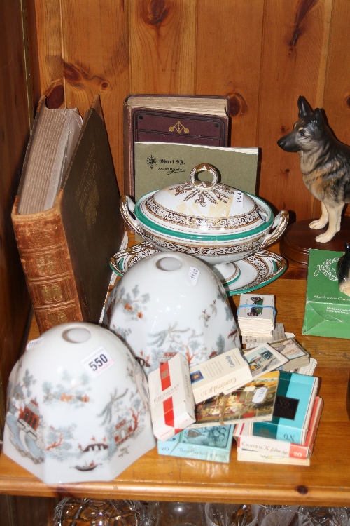 OPAQUE GLASS PAGODA AND ORIENTAL LANDSCAPE DECORATED LAMPSHADES, cigarette cards, Tivoli tureen