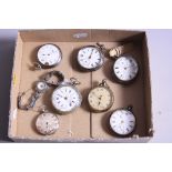 A MIXED LOT OF SEVEN POCKET WATCHES, including three silver and a ladies watch