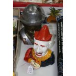 A NOVELTY CAST MONEY BOX, shaped as a clown, together with Limited Edition cast bust, signed '