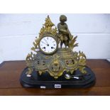 A FRENCH SPELTER FIGURAL CLOCK, on ebonised base (sd) (no dome) (key and pendulum)