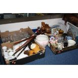 FOUR BOXES AND LOOSE CERAMICS, GLASS,. WALKING STICKS, PICTURES, etc