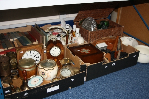 FIVE BOXES/BASKET AND LOOSE CERAMICS, CLOCKS, MINERS LAMPS, POSTAL SCALES, BOOKS, etc