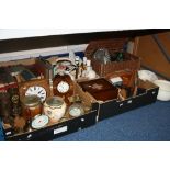 FIVE BOXES/BASKET AND LOOSE CERAMICS, CLOCKS, MINERS LAMPS, POSTAL SCALES, BOOKS, etc