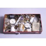 A TIN OF MISCELLANEOUS ITEMS AND CURIOS, including watches, thimbles, vesta, costume, etc