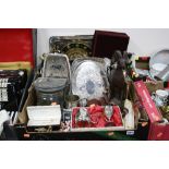 TWO BOXES OF SUNDRIES, to include Masterhead lamp, carved mountain goat, camera, Parker pen set,