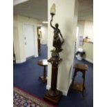 A LARGE FRENCH BRONZED SPELTER FIGURAL LAMP 'LA PAIX', on separate column plinth, approximate height