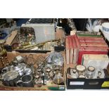 THREE BOXES OF SUNDRIES, to include brasswares, plated wares, dressing table set, fire irons,