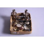 A BOX OF MISCELLANEOUS SPOONS, a .925 pill boxes and others, chains, three rings, candlesticks, etc