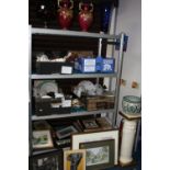 FOUR BOXES AND LOOSE CERAMICS, GLASS, PICTURES, PLATED WARES, etc