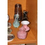 FIVE PIECES OF GLASS, to include Lilac knobbly glass vase, two Mdina glass vases etc (5)