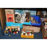 FOUR BOXES AND LOOSE SUNDRY ITEMS, to include Diecast cars, records, pictures, boxed Tilley lamp,