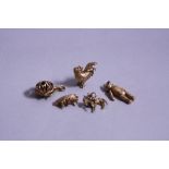 FIVE MIXED CHARMS, Cockerel, Teddy Bear, Ship, Cavalry Man on Horse, Spinning Ball with Dice,