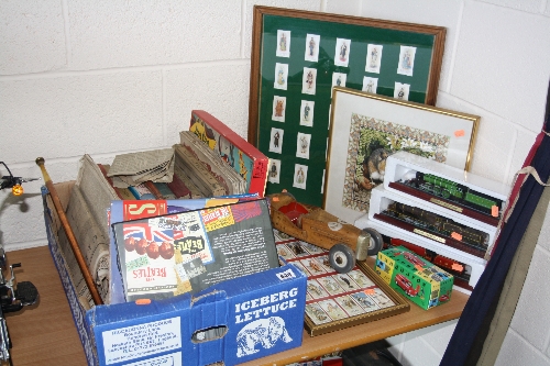 VARIOUS SUNDRY ITEMS, three boxed model locos, Beatles books, framed cigarette cards, Royal