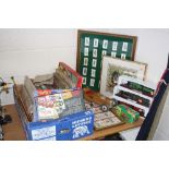 VARIOUS SUNDRY ITEMS, three boxed model locos, Beatles books, framed cigarette cards, Royal