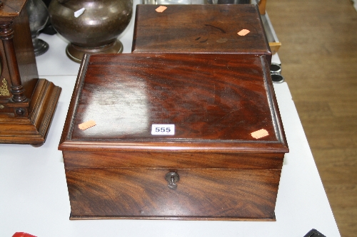 A MAHOGANY WORK BOX, with fitted interior (key), together with another box (no key) (2)