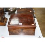 A MAHOGANY WORK BOX, with fitted interior (key), together with another box (no key) (2)