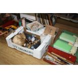 FIVE BOXES AND LOOSE SUNDRY ITEMS, to include Krauss binoculars, pens, clocks, Sirram picnic set,