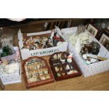 FOUR BOXES AND LOOSE SUNDRIES ITEMS, to include ornaments (USSR), plated wares, pictures, display