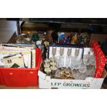 FOUR BOXES OF SUNDRIES, to include ornaments, glasses, metalware, records, etc