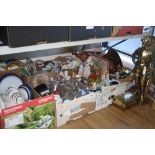 SIX BOXES AND LOOSE BRASS, COPPER, CERAMICS, GLASS, PICTURES, etc, to include copper watering can, a