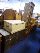 A PAINTED PINE SIDEBOARD, with three long drawers and a glazed single door bookcase (not original,