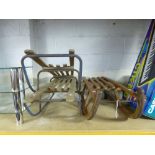 A VINTAGE WOODEN SLEDGE, and two metal framed sledges (2)