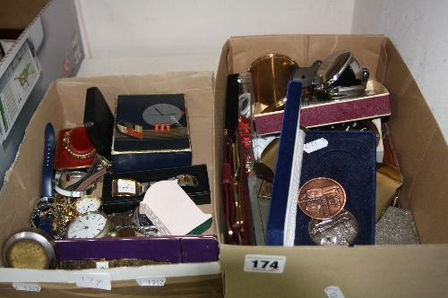 TWO BOXES OF MIXED WATCHES, and collectables