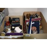 TWO BOXES OF MIXED WATCHES, and collectables