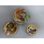 THREE PIECES OF PUIGDEMONT SLIPWARE, comprising fish bowl approximately 14cm diameter, fish plate