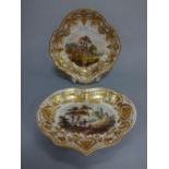 A DERBY SHELL DISH, having shaped scrolled gilt borders to central pastoral panel with figure before