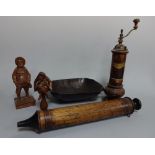 A COLLECTION OF TREEN, to include rustic pepper grinder having metal mounts to top with grinding
