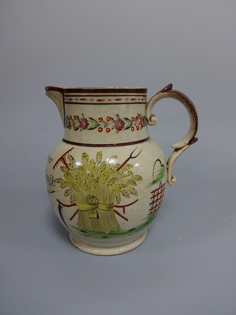 A 19TH CENTURY PEARLWARE JUG, inscribed Succefs to the Farmer & God Speed the Plough and decorated - Image 3 of 4