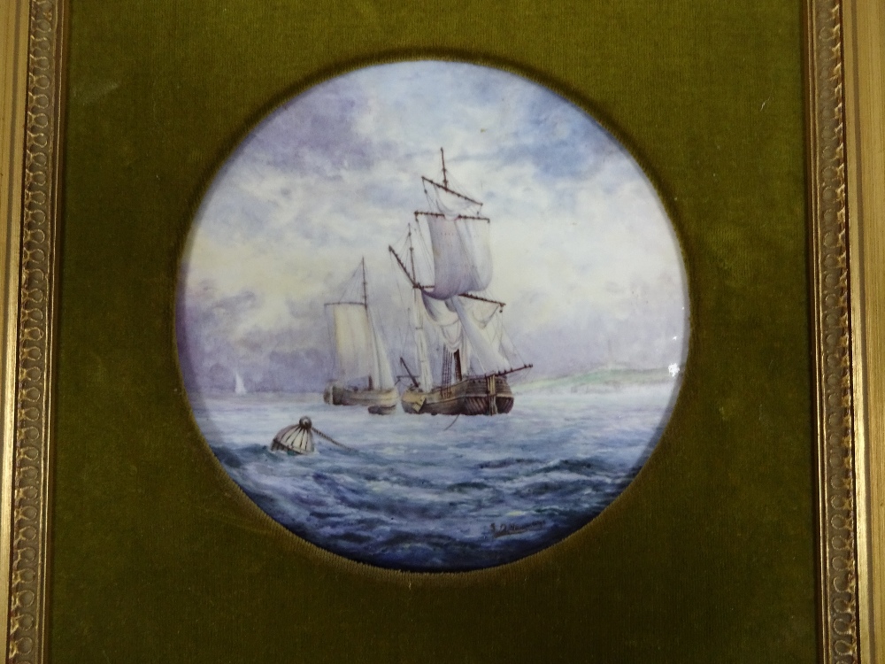 STEFAN NOWACKI (XX), a circular ceramic plaque hand painted with ships at sea, signed SD Nowacki - Image 2 of 4