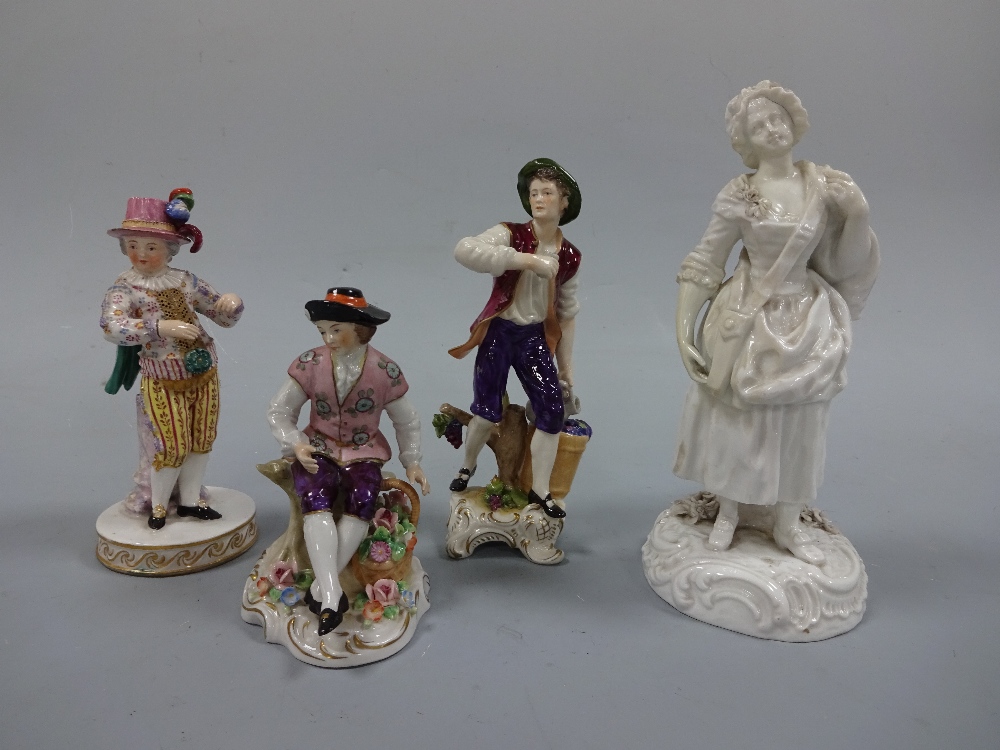 FOUR CONTINENTAL FIGURINES, gent with grapes and vine, approximately 18cm high, gent with basket