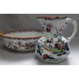 A MASONS IRONSTONE JUG AND BOWL SET, decorated with flowers and pagodas, black printed marks and