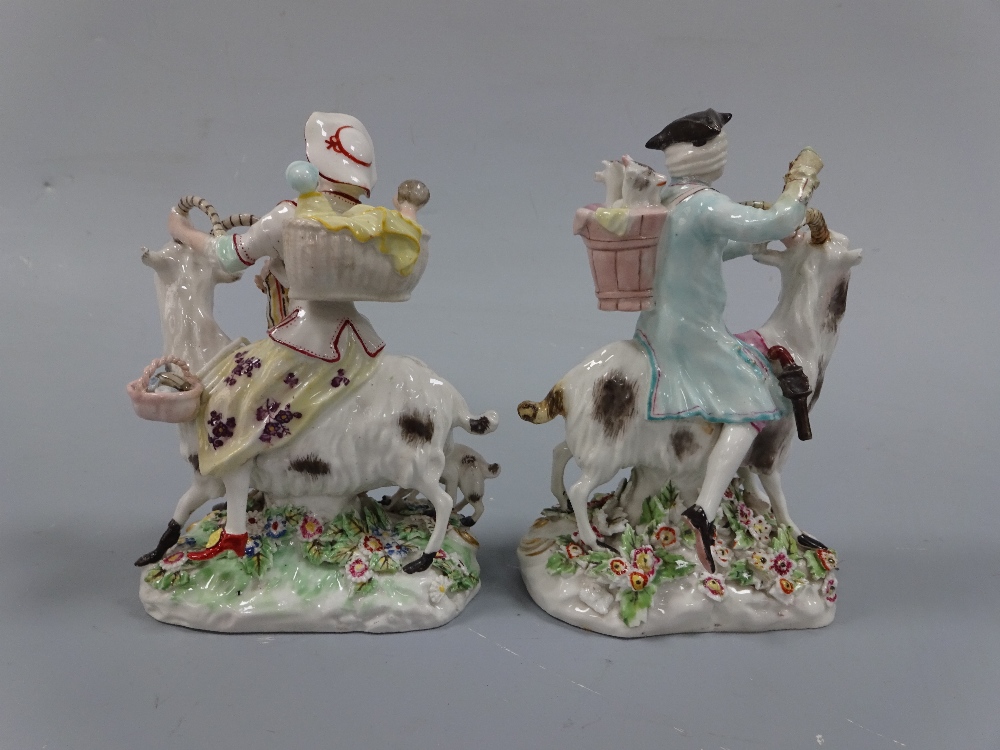 A PAIR OF DERBY FIGURE GROUPS, c.1770, The Welch Tailor and his wife, modelled as gent sat astride - Image 2 of 2