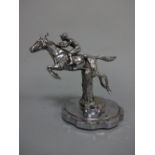 A CHROMED STEEPLE CHASE HORSE AND JOCKEY CAR MASCOT, on shaped plinth, approximately 11cm high