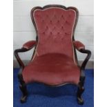 A VICTORIAN ROSEWOOD FRAMED OPEN ARMCHAIR, with shaped back and arms, pink upholstered button