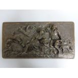 A RECTANGULAR RELIEF MOULDED COPPER PLAQUE, depicting shepherd and shepherdess in landscape with