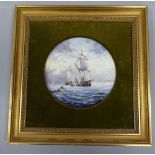 STEFAN NOWACKI (XX), a circular ceramic plaque hand painted with ships at sea, signed SD Nowacki