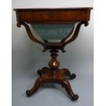 A VICTORIAN WORK TABLE, having drawer over wool slide on urn support with quadrant base on
