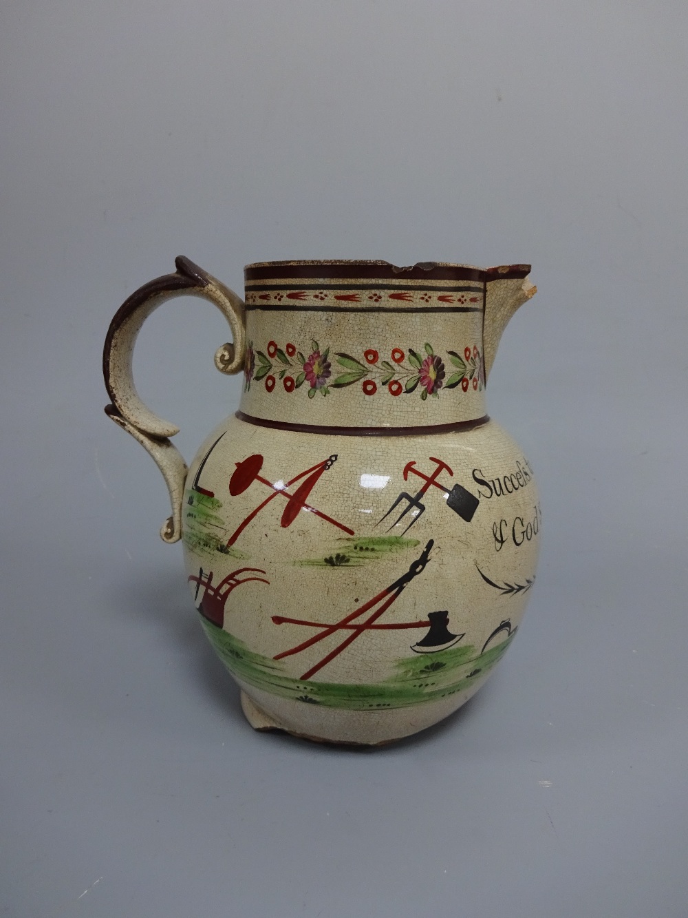 A 19TH CENTURY PEARLWARE JUG, inscribed Succefs to the Farmer & God Speed the Plough and decorated - Image 2 of 4