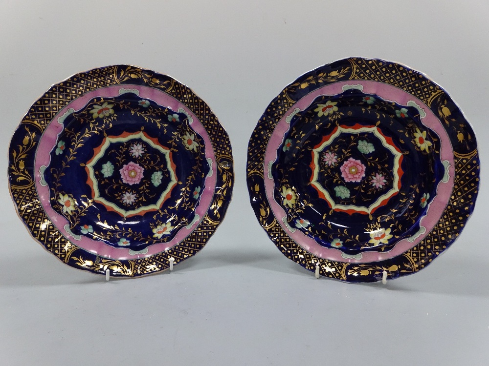 TWO 19TH CENTURY MASONS PATENT IRONSTONE SCALLOPED BOWLS, having floral decoration to cobalt grounds