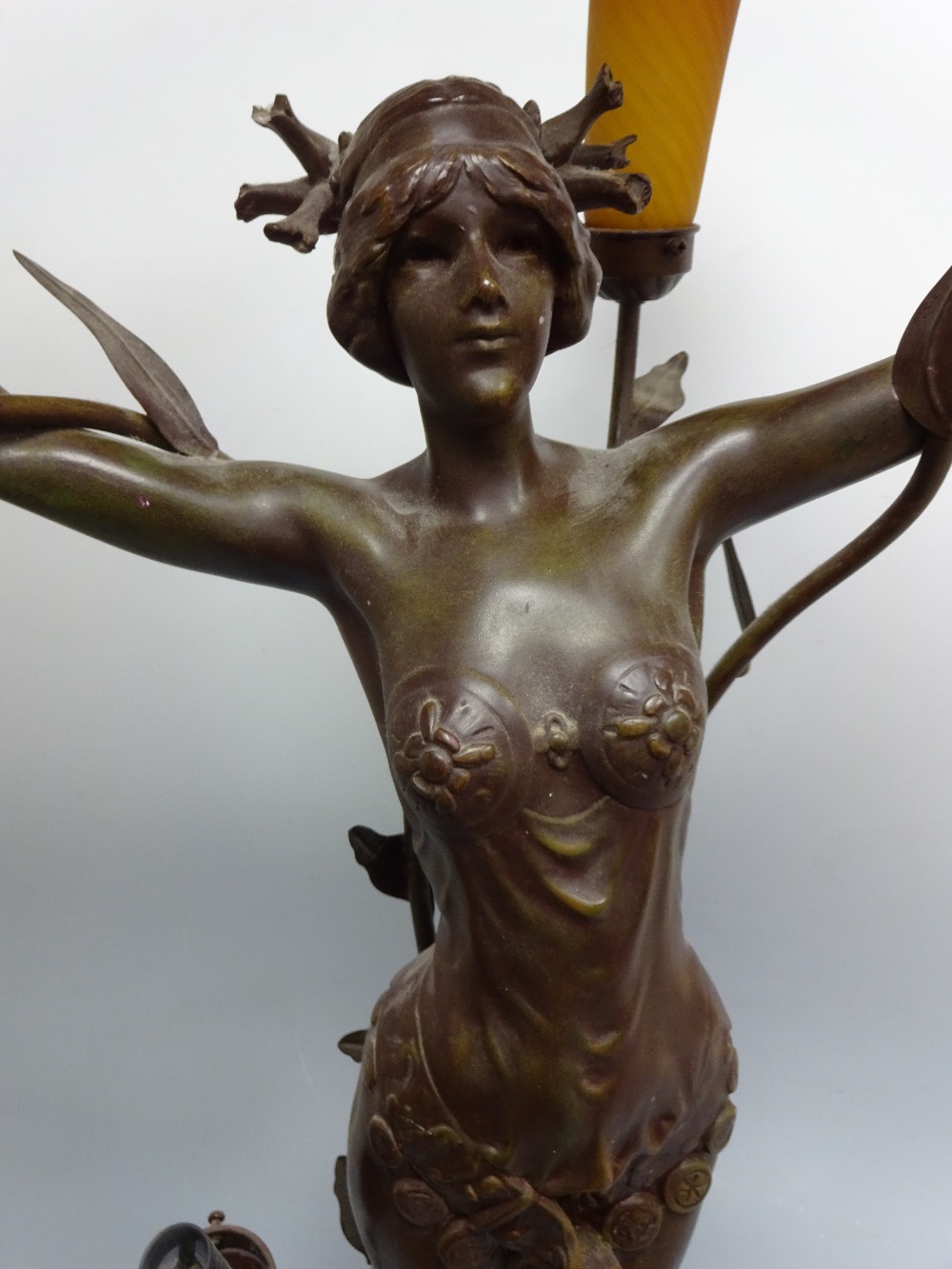 A THREE BRANCH FIGURAL LAMP, modelled as scantily clad Art Nouveau maiden with naturalistic - Image 2 of 3