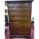 A MAHOGANY CHEST ON CHEST, having two short over three long drawers to top section and three