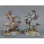 A PAIR OF DERBY FIGURE GROUPS, c.1770, The Welch Tailor and his wife, modelled as gent sat astride